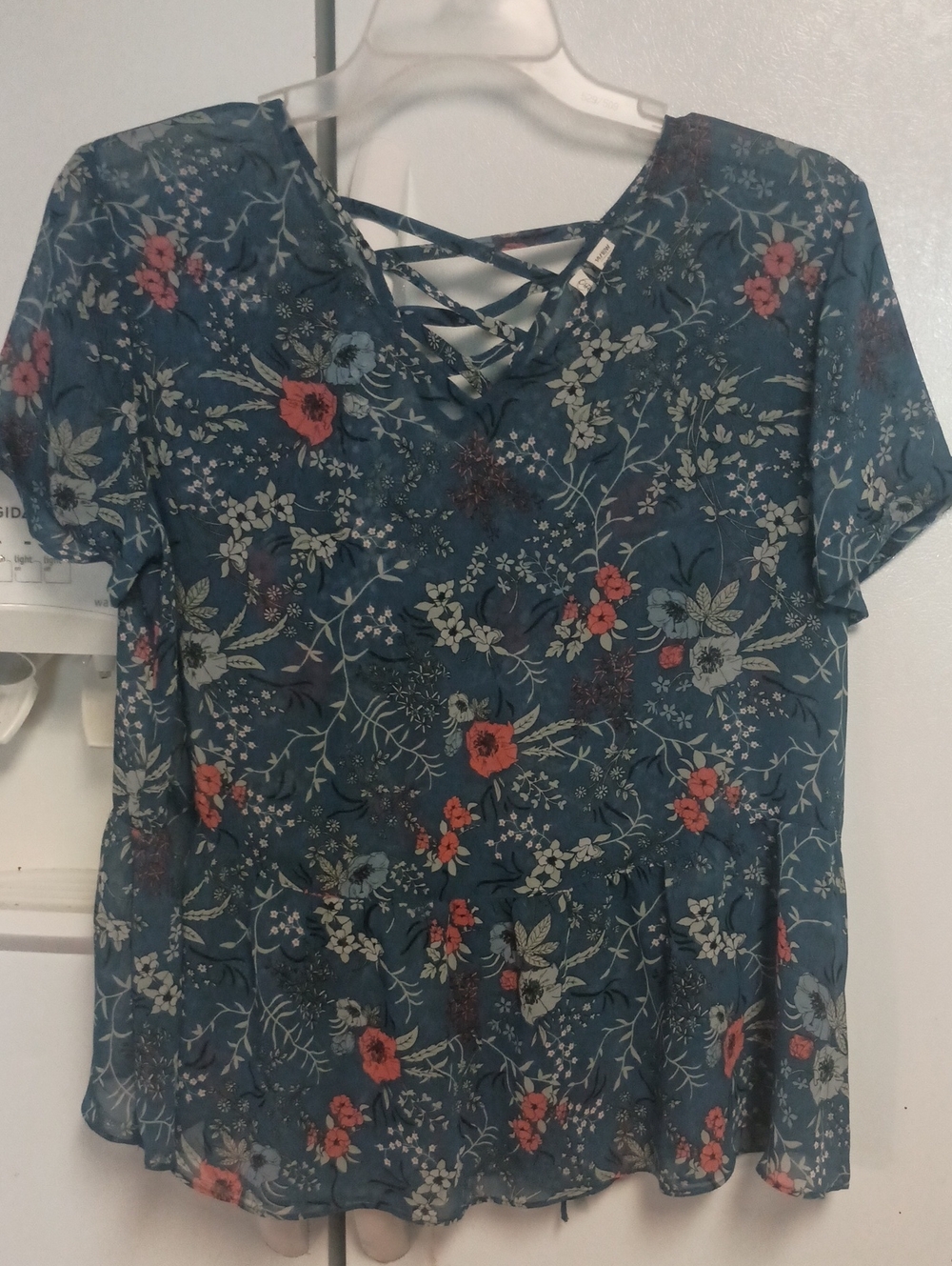 Cato Teal Floral Lace-Up Peplum Blouse Women's Size 14/16